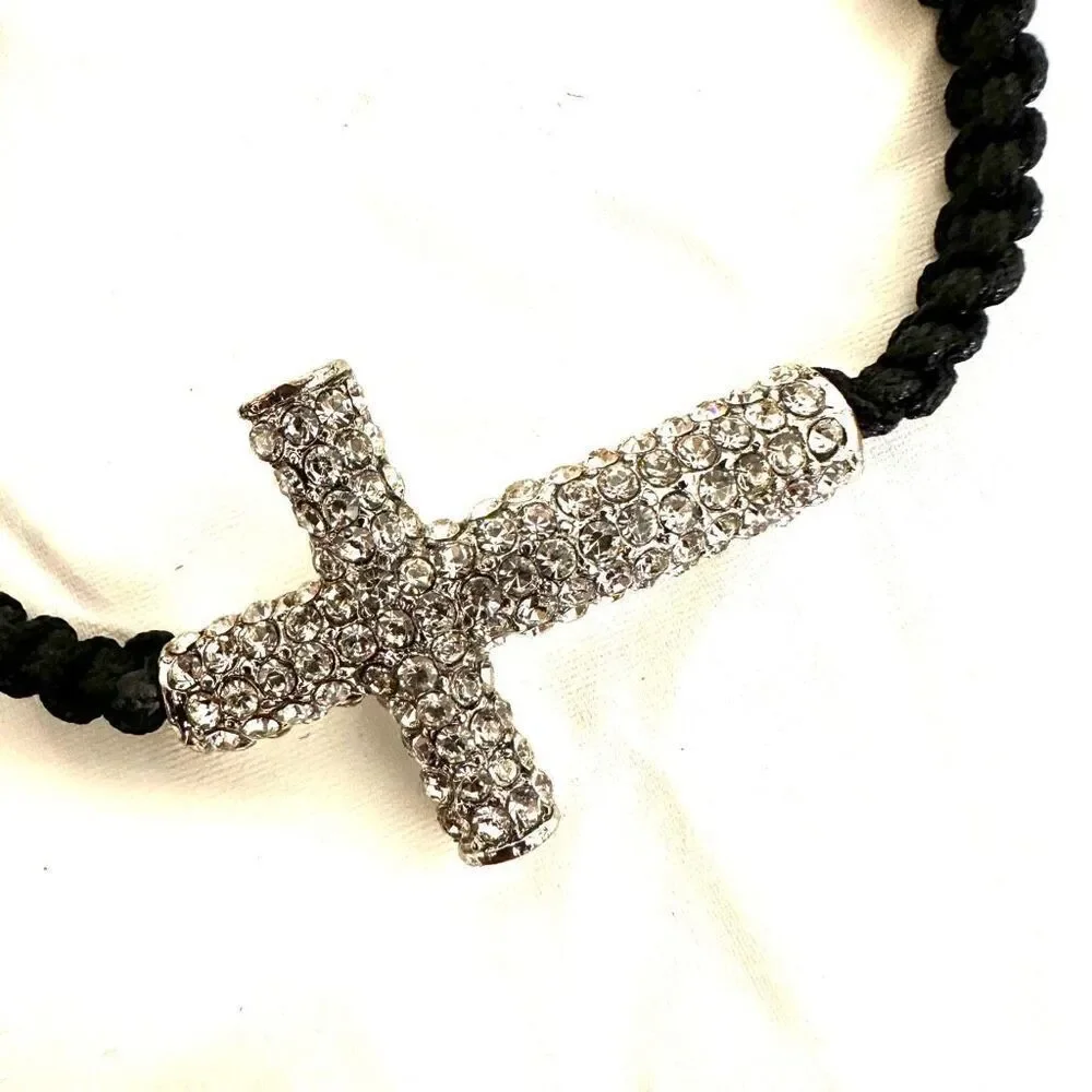 Rhinestone cross black cord adjustable bracelet